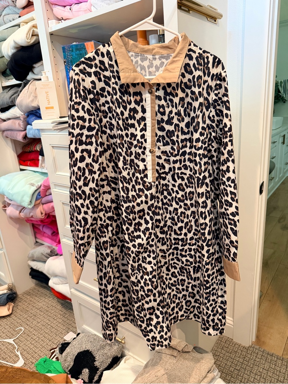 Leopard Print Long Sleeve Kids Dress with Tan Trim